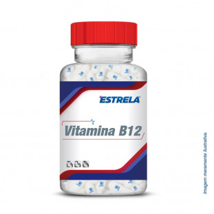 Imagem ilustrativa do frasco transparente com tampa vermelha da vitamina b12 de 2500mcg
